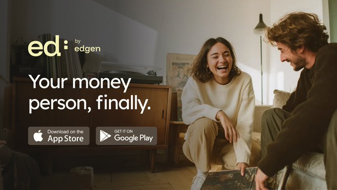 iced coffee advertisement with a man and woman laughing, accompanied by the text "EDGEN" and an app store link for the Edgenn app.