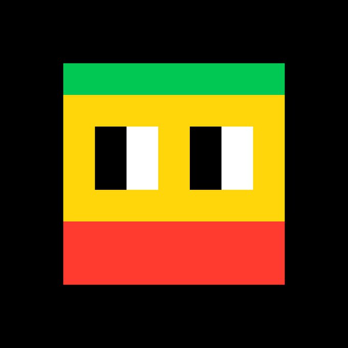 A pixel art flag or icon with horizontal stripes of green, yellow, and red, featuring two black and white rectangle designs resembling eyes.