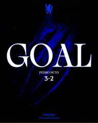 A dark sports broadcast graphic displaying 'GOAL' with a score update for Pedro Neto at 3-2.