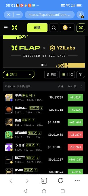 A mobile screenshot of the Flap.sh website shows a 'FLAP x YZi Labs' banner and a list of trending cryptocurrencies with their 24-hour prices and percentage changes, including tokens like $137, MARSC, BAN, WEWORM, and BCITY.