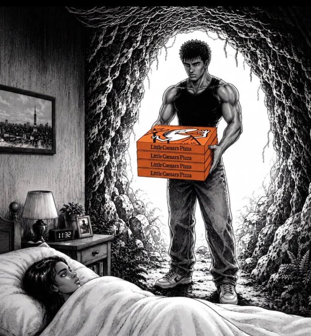 A muscular man emerges from a mysterious cave to deliver four stacks of Little Caesars Pizza boxes to a woman sleeping in bed, humorously answering "what do you bring to the table?" with the literal "Little Caesars Pizza" while carrying it.