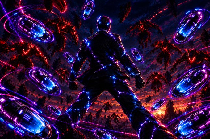 A vibrant digital artwork showing the back of a figure crackling with purple lightning energy, facing a fiery apocalyptic landscape filled with floating, glowing blue pods.