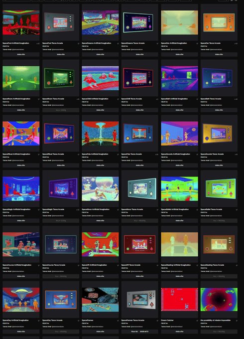 A grid display of various colorful digital art pieces and illustrations in a marketplace or gallery interface.