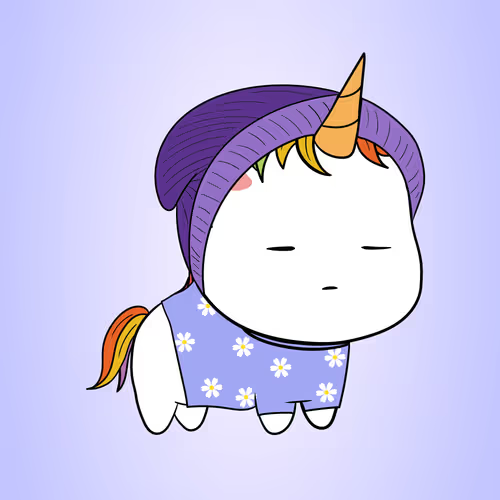 A cute cartoon unicorn with a rainbow mane and tail wearing a purple knit hat and a blue floral dress against a light purple background.