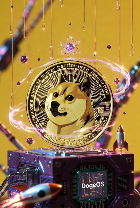 The image features a computer chip with a Dogecoin symbol, surrounded by various elements such as a rocket ship, a gold coin, and a yellow background. The caption of the image reads "DogeOS" which indicates that this digital art piece is related to the cryptocurrency Dogecoin.