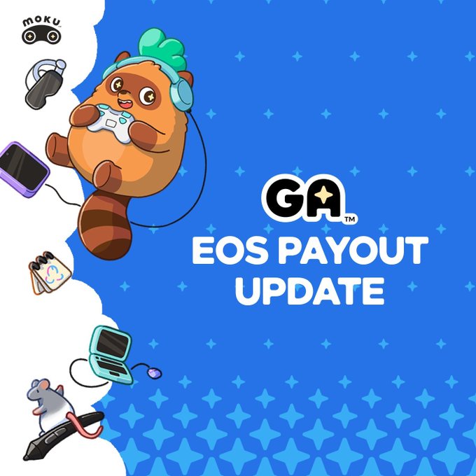 The image features a cartoon raccoon holding a Nintendo Wii game controller, surrounded by various gaming accessories such as a laptop, cell phone, and mouse. The background of the image is blue with white stars scattered throughout, creating an exciting atmosphere for gamers. The text in the image reads "EOS PAYOUT UPDATE" and "BIG WEEK FOR THE @Moku_HQ COMMUNITY".