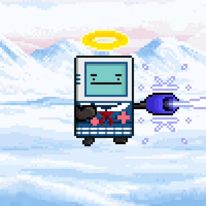 A pixel art illustration of BMO from Adventure Time with a golden halo and wings, holding a dark orb and floating in a cloudy sky.