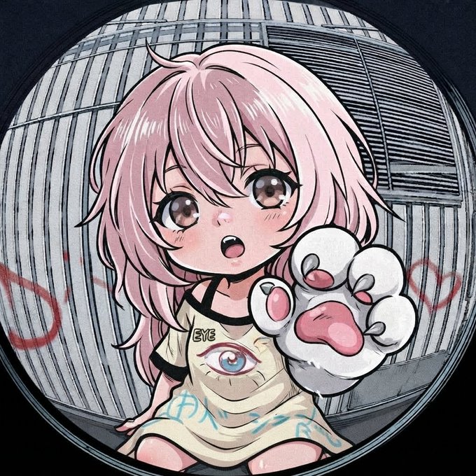 An anime-style illustration of a pink-haired girl with large brown eyes wearing an 'EYE' t-shirt featuring an eyeball design, holding a cute fluffy paw-print creature, viewed through a fisheye lens with graffiti hearts in the background.
