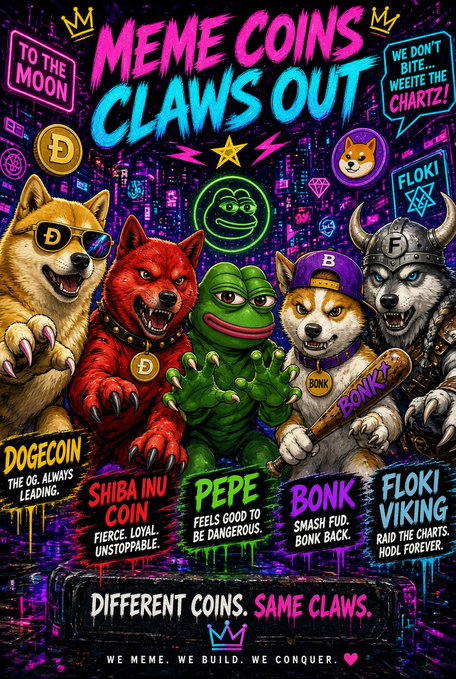 Vibrant graffiti-style poster titled 'MEME COINS CLAWS OUT' featuring characters for DOGECOIN, SHIBA INU COIN, PEPE, BONK, and FLOKI VIKING with the tagline 'DIFFERENT COINS. SAME CLAWS.'