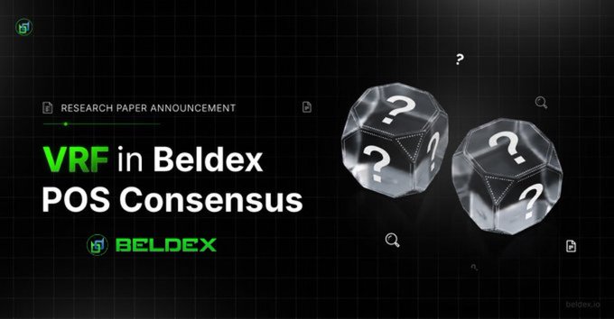 A dark-themed promotional banner announcing a research paper titled 'VRF in Beldex POS Consensus' by Beldex (beldex.io), featuring two dodecahedral dice with question marks on a grid background.