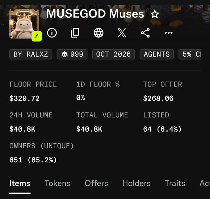 An NFT collection page for 'MUSEGOD Muses' displays a floor price of $329.72, a top offer of $268.06, a 24-hour volume of $40.8K, and 651 unique owners.