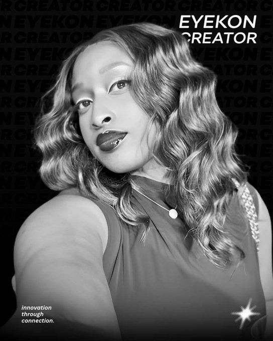 A black-and-white promotional poster featuring a woman with wavy hair, with the text 'EYEKON CREATOR' repeated in the background and 'innovation through connection.' in the bottom left corner.