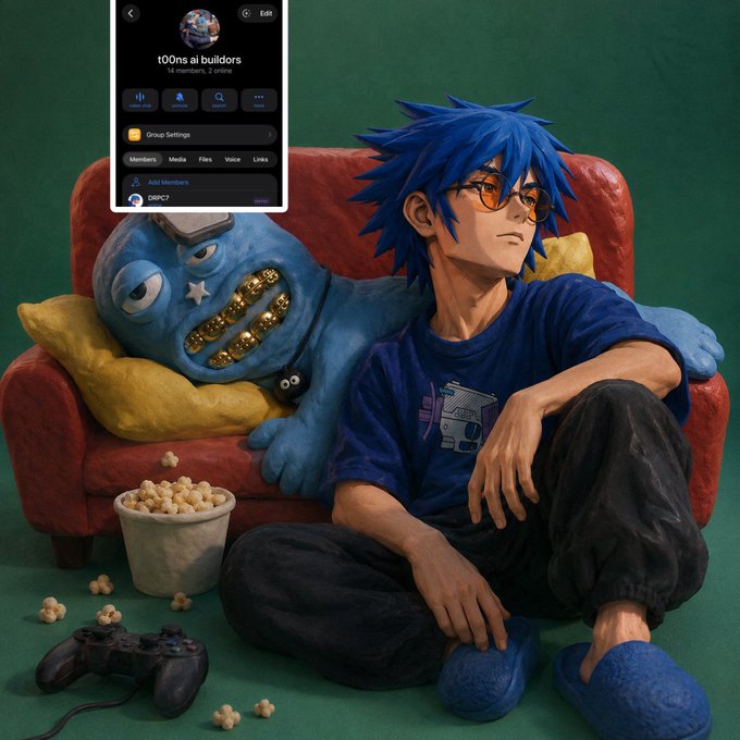 A 3D-rendered anime-style character with blue spiky hair and orange sunglasses sits on a red couch with a blue monster plushie, popcorn, and a PlayStation controller; a Telegram group screenshot labeled '100ns ai builders' is overlaid in the corner.