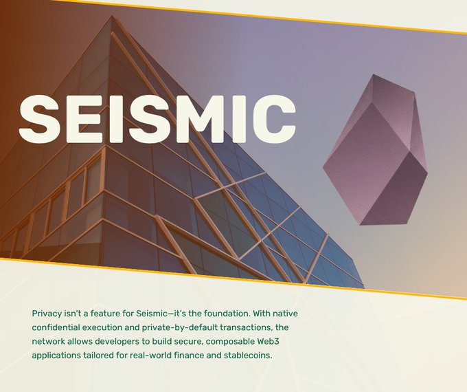 A promotional graphic for "SEISMIC" featuring a modern glass building and a floating purple diamond shape, with text highlighting its confidential execution and private-by-default transactions for Web3 applications.