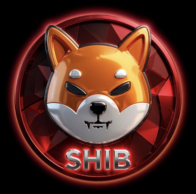 3D rendered Shiba Inu coin featuring 'SHIB' text at the bottom, set against a glowing red circular background.