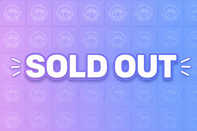 The image features a purple background with white text that reads "SOLD OUT". The text is surrounded by small square icons of various shapes, including circles, stars, and squares, which are scattered throughout the image. These icons appear to be related to the concept of a sale or promotion.