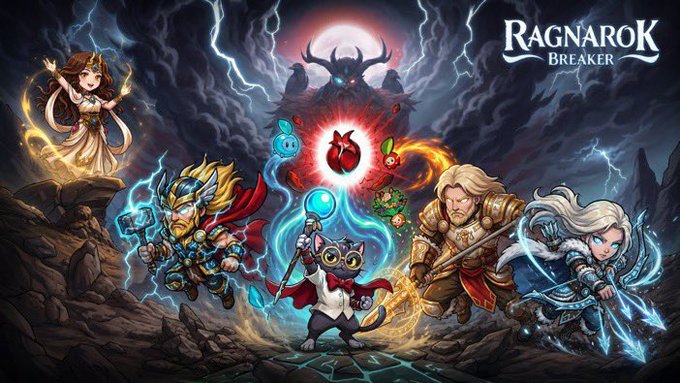 The image features a cartoon illustration of five characters from a video game called "Ragnarok Breaker". The characters are depicted as animated figures with unique abilities and costumes, set against a dark and stormy background. The text at the bottom of the image reads "I just secured my pre-registration for @Ragnarok Breaker" and "For anyone who hasn't seen it yet, Ragnarok Breaker is an action-roguelike being developed through a collaboration between @NineChronicles and @YGG_Play".