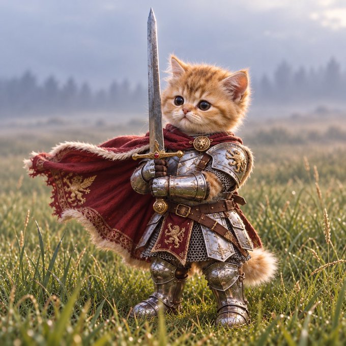 An adorable orange kitten stands in a grassy field wearing detailed silver armor and a red cape, holding a large sword upright.
