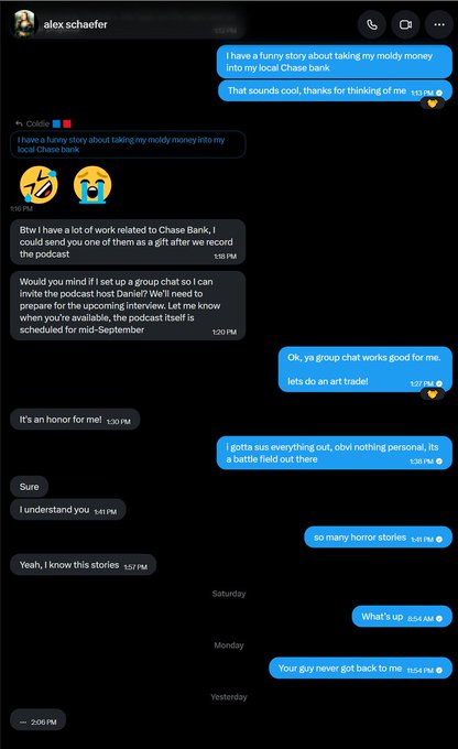 A Twitter DM conversation between Alex Schaefer and Coinbase about hosting Daniel on a podcast, with Schaefer agreeing to 'art trade' in exchange, and later messages reading 'What's up' and 'Your guy never got back to me'.