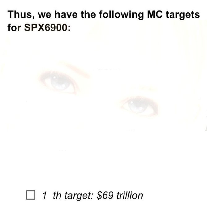 The image shows text reading "Thus, we have the following MC targets for SPX6900:" with "1th target: $69 trillion" at the bottom, set against a faded background of a person's eyes. It relates to the post by humorously visualizing the absurd "SPX6900" target—a meme coin referencing flipping the stock market—where the "$69 trillion" market cap figure represents the meme's joke about the S&P 6900 reaching an impossibly high valuation.