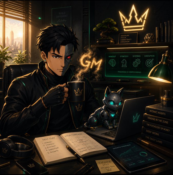 Anime-style illustration of a man with a cybernetic eye sitting at a desk with a laptop, a robotic cat, books titled 'Atomic Habits,' 'Trading in the Zone,' 'The Psychology of Money,' 'Deep Work,' 'The Daily Laws,' and a glowing 'GM' symbol.