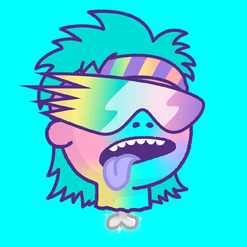A cartoon-style illustration of a character with spiky hair wearing rainbow-colored reflective goggles, with their tongue sticking out, set against a bright cyan background.