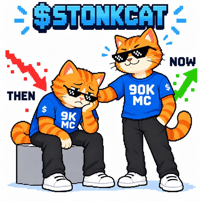 Pixel art illustration titled '$STONKCAT' showing two orange cats in '$' shirts; the sad one labeled 'THEN' wears '9K MC', while the happy one labeled 'NOW' wears '90K MC', set against red downward and green upward arrows.