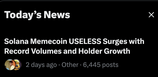 A screenshot of a news feed notification titled "Today's News" featuring a headline about the Solana memecoin USELESS surging with record volumes and holder growth, posted 2 days ago with 6,445 posts. The "$useful <> $useless barbell" post likely references a trading strategy pairing USELESS with a contrasting "useful" token, using this news as a data point for momentum around the USELESS side of the trade.