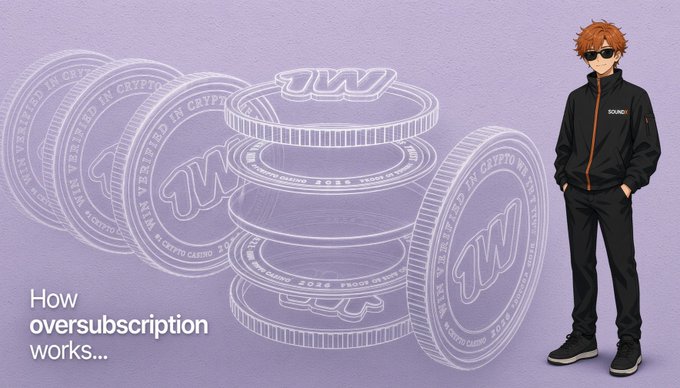 An anime-style character in sunglasses and a "1win" branded jacket stands beside oversized wireframe tokens labeled "PROOF OF CRYPTO CASINO 2024" with the caption "How oversubscription works...". The image visually reinforces the post's discussion of 1win Token distribution by illustrating the token supply concept in a stylized, crypto-casino themed graphic.