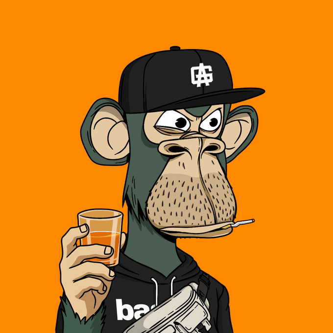 A cartoon illustration of a Bored Ape-style monkey character wearing a black 'Doge' cap and hoodie, smoking a cigarette, holding a glass of amber liquid, and carrying a handgun against an orange background.