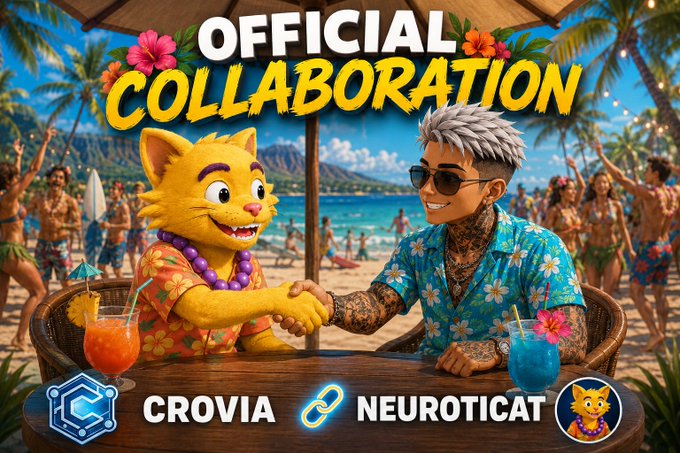 A vibrant promotional graphic reads 'OFFICIAL COLLABORATION' between 'CROVIA' and 'NEUROTICAT', showing a yellow cartoon cat and a tattooed man in a Hawaiian shirt shaking hands on a beach.