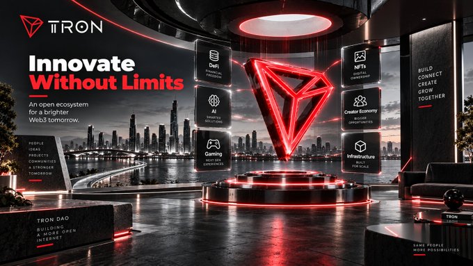 A futuristic 3D promotional graphic for the TRON blockchain ecosystem featuring a glowing red Tron logo in the center of a high-tech room, surrounded by panels listing 'DeFi', 'NFTs', 'AI', 'Gaming', 'Creator Economy', and 'Infrastructure' under the slogan 'Innovate Without Limits'.