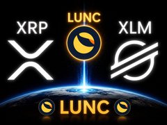A digital graphic displays the XRP, LUNC, and XLM cryptocurrency logos against a space-themed backdrop with Earth visible below and "LUNC" prominently featured at the bottom. The image visually represents the post's reference to the ticker symbols XRP and XLM (alongside LUNC), highlighting these specific crypto assets in a speculative "grand finale" context.