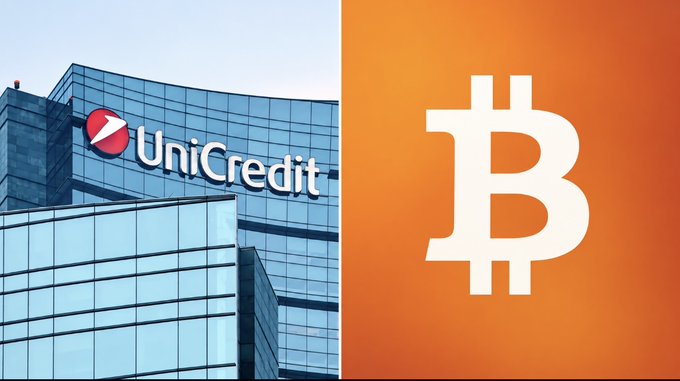 The split image shows UniCredit's corporate office on the left alongside the Bitcoin logo on the right, visually representing the bank's announcement to enter crypto trading and custody services as Italy's second-largest financial institution.