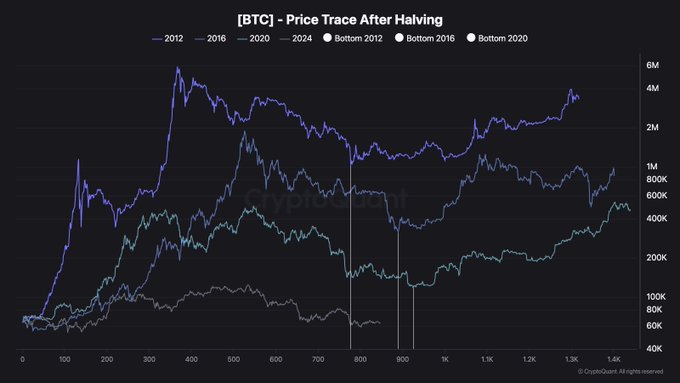 A cryptocurrency chart titled '[BTC] - Price Trace After Halving' showing the price trajectories for 2012, 2016, 2020, and 2024, with markers for the Bottom 2012, Bottom 2016, and Bottom 2020.
