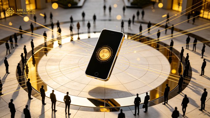 A glowing gold ARK | DUBAI smartphone floats above a circle of silhouetted figures connected by radiant lines, visually embodying the Arkie AI App as the central hub linking a growing, networked community of people, ideas, and intelligent execution.