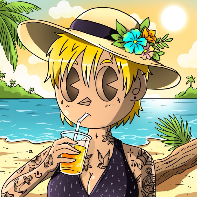 A cartoon illustration of a blonde girl with starry eyes, wearing a sun hat decorated with flowers, drinking orange juice through a straw on a tropical beach.