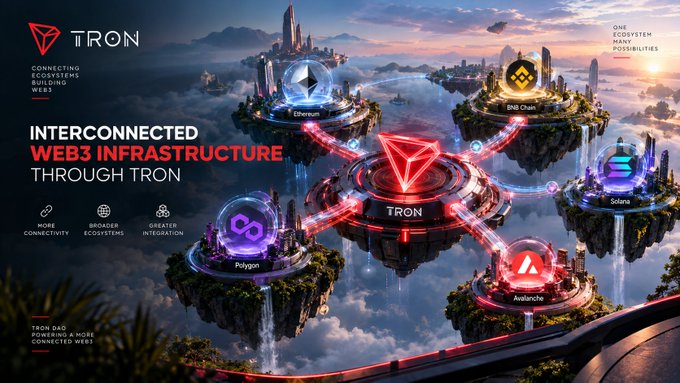 A promotional graphic titled 'INTERCONNECTED WEB3 INFRASTRUCTURE THROUGH TRON' showing floating islands connected by light beams, representing blockchain ecosystems including TRON, Ethereum, BNB Chain, Polygon, Solana, and Avalanche.