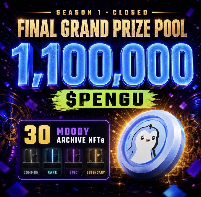 A promotional graphic announcing a 'FINAL GRAND PRIZE POOL' of 1,100,000 $PENGU, featuring 30 'Moody Archive NFTs' with Common, Rare, Epic, and Legendary tiers.