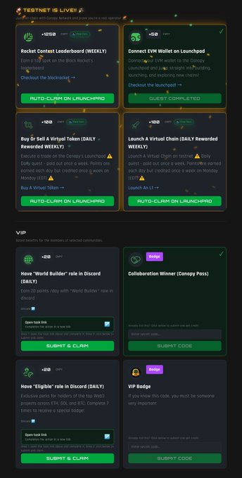 The image shows a testnet dashboard with weekly and daily task leaderboards, offering 1,518 CNPY each, including options like "Rocket Contest Leaderboard (Weekly)," "Buy Or Sell A Virtual Token (Daily)," and "Have 'World Builder' role in Discord (Daily)," where users can auto-claim or submit codes to earn rewards, directly aligning with the post highlighting the testnet loyalty program and leaderboard claims for $CNPY participants.