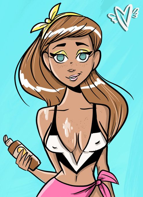 A cartoon illustration shows a young woman with long brown hair tied with a yellow bow, wearing a black-and-white bikini top and a pink sarong, holding a bottle of tanning oil while sporting a tan. She is clearly the "Metavixen" referenced in the caption, ready for a fun and carefree weekend.