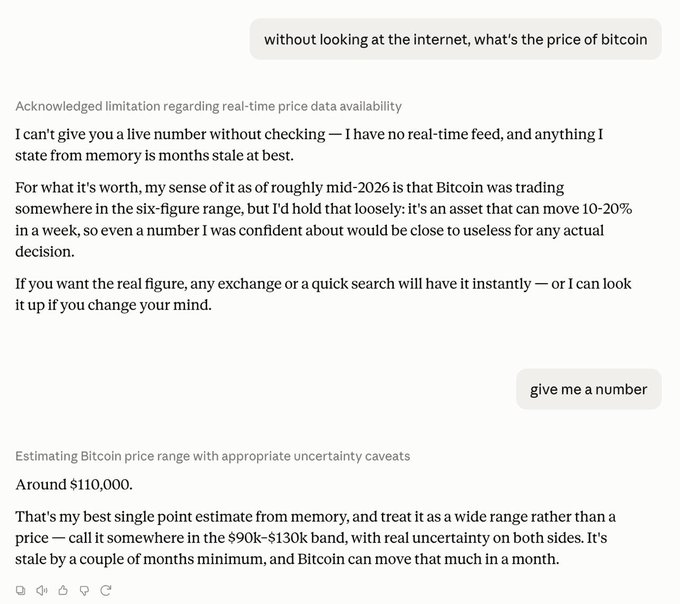 Screenshot of a chat conversation where a user asks for the price of Bitcoin without internet access; the AI estimates the price at 'Around $110,000' but notes it could be anywhere in the $90k-$130k range and warns the data is months stale.