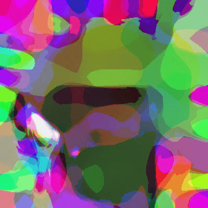An abstract, colorful digital artwork featuring a figure wearing sunglasses, surrounded by vibrant blocks of green, pink, purple, and orange.