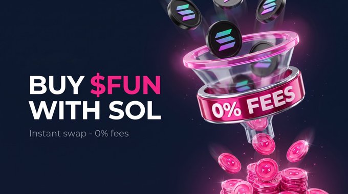 A cryptocurrency advertisement reading 'BUY $FUN WITH SOL' with 'Instant swap · 0% fees' and '0% FEES' badge, showing coins falling through a funnel.