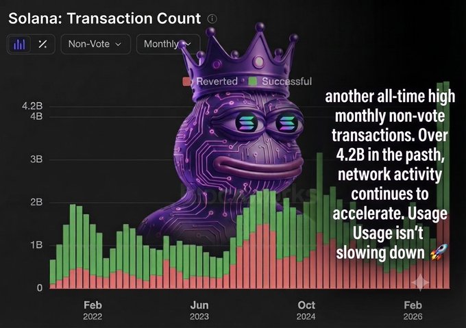 A chart titled 'Solana: Transaction Count' showing monthly non-vote transactions, with a crown-wearing purple Pepe the Frog and text noting 'another all-time high monthly non-vote transactions. Over 4.2B in the past, network activity continues to accelerate.'