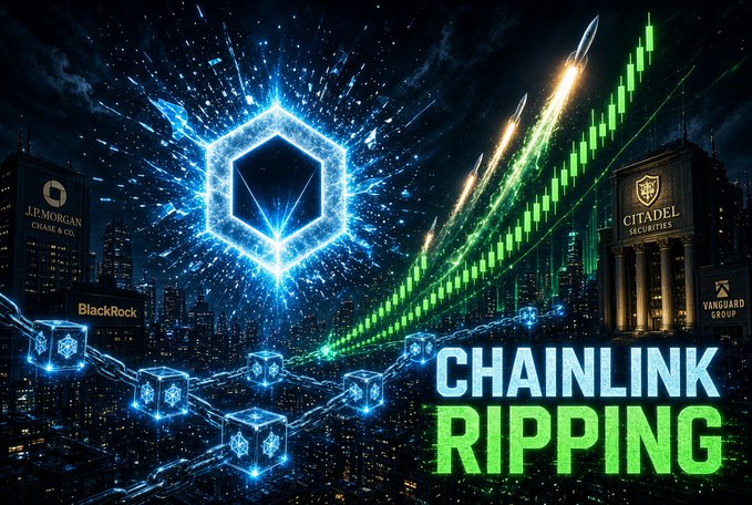 A promotional graphic showing a glowing blue hexagonal Chainlink logo above a blockchain network, with green candlestick price charts rising and the text 'CHAINLINK RIPPING' in the foreground; 'BlackRock', 'J.P. Morgan Chase & Co.', 'Citadel Securities', and 'Vanguard Group' logos are visible on buildings in the background.