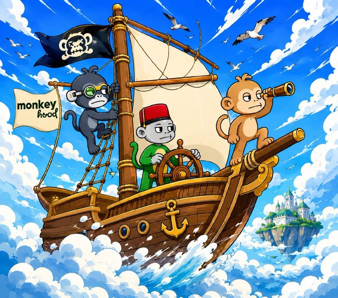 Three monkeys navigate a pirate ship through the clouds, with the @MonkeyHoodNFT logo visible on a flag and banner. The image visually represents the journey and adventure implied by the accompanying post about minting opportunities and wallet checks.