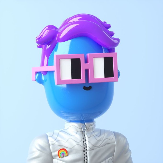3D-rendered character with a blue face, purple hair, pink rectangular glasses, and a white jacket featuring a small rainbow logo, set against a light blue background.