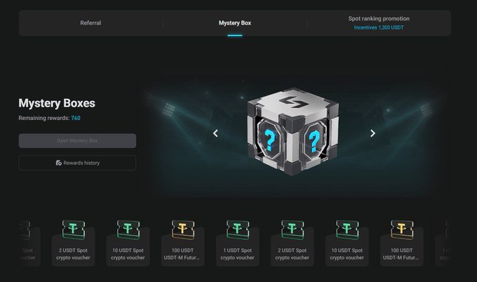 A Bitget "Mystery Box" promotional page shows 760 remaining rewards with an "Open Mystery Box" button and rewards history option, featuring a 3D cube graphic with question marks. Below, a scrollable bar displays voucher prizes ranging from 2 USDT to 100 USDT in Spot crypto and USDT-M Futures categories, illustrating the Event 2 rewards for the Trading Club event.