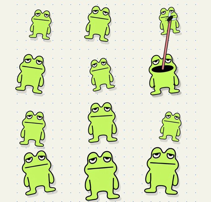 The image shows a sheet of sticker paper featuring eleven cartoon frogs with unamused expressions, where one frog is using a long straw to drink from another frog.